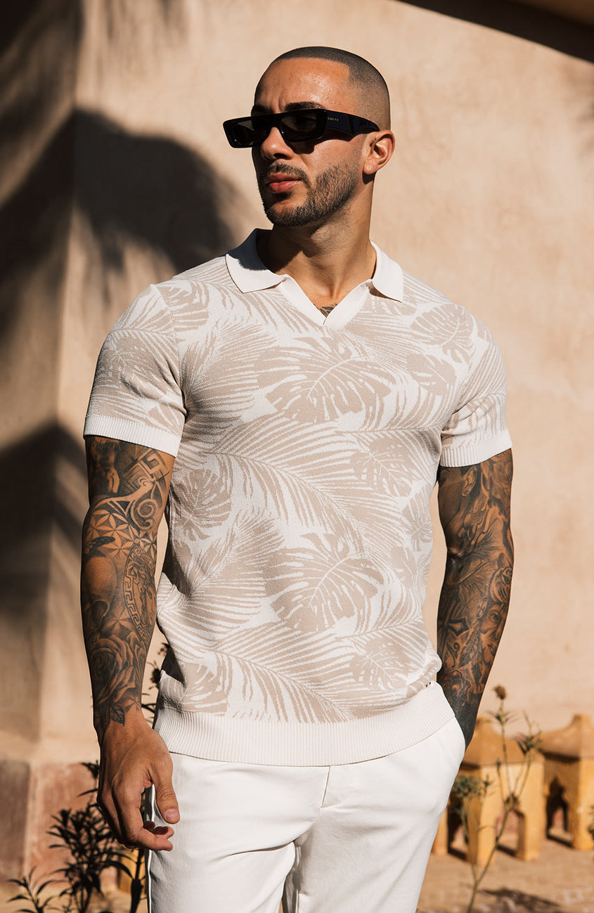 Palmas Jacquard Leaf Knit Polo in Beige