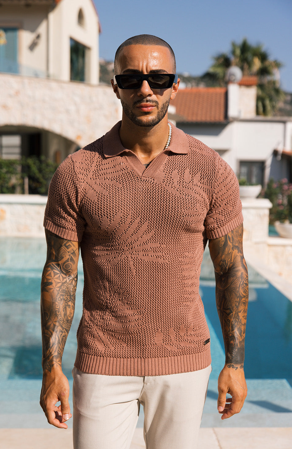 Tropics Relaxed Fit Crochet Knit Polo in Canyon