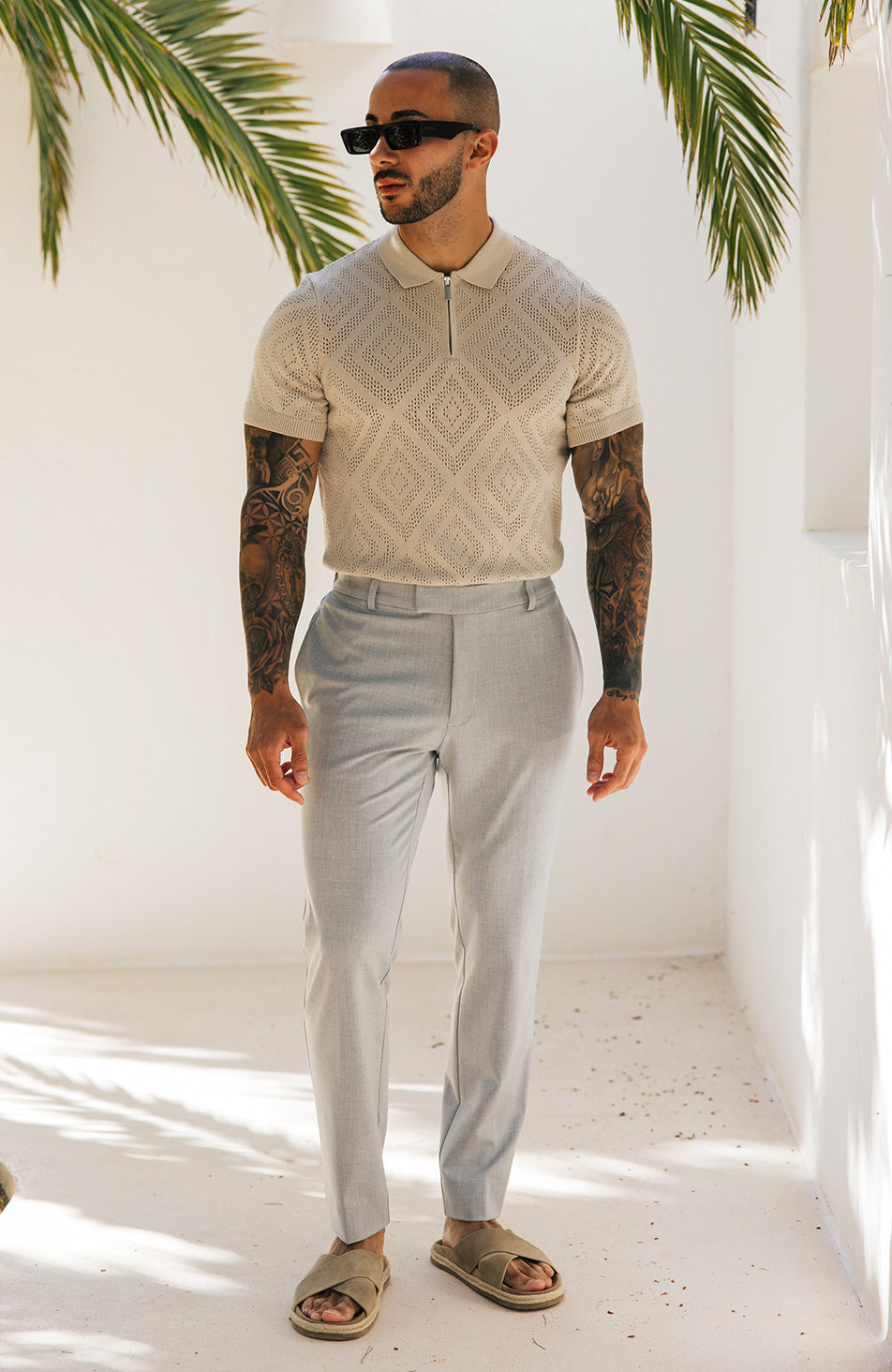 Chalbi Slim Fit Pointelle Zip Polo in Beige