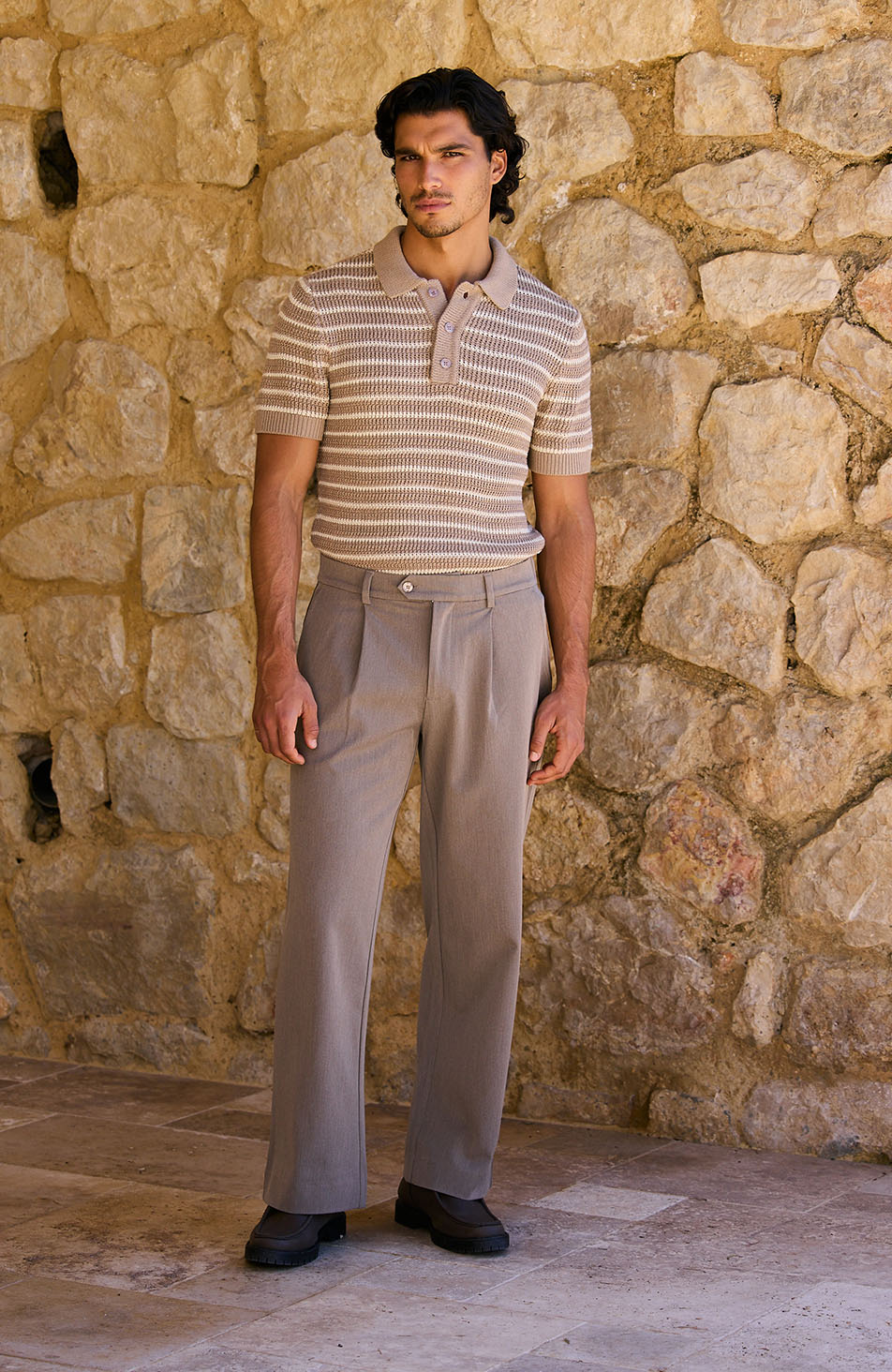 Fontelina Button Placket Knit Stripe Polo in Beige