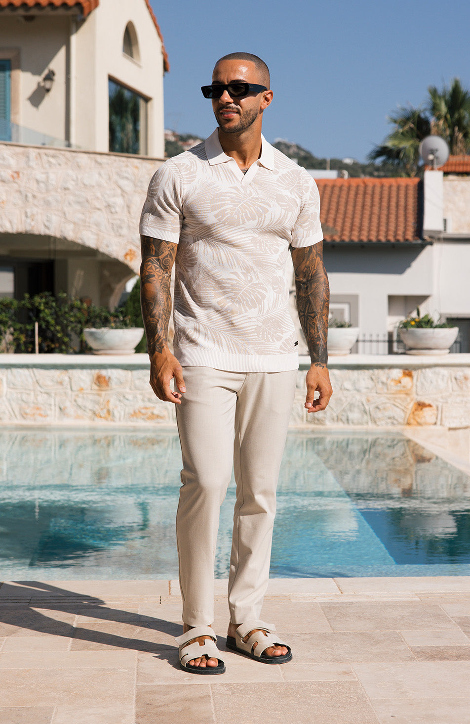 Palmas Jacquard Leaf Knit Polo in Beige