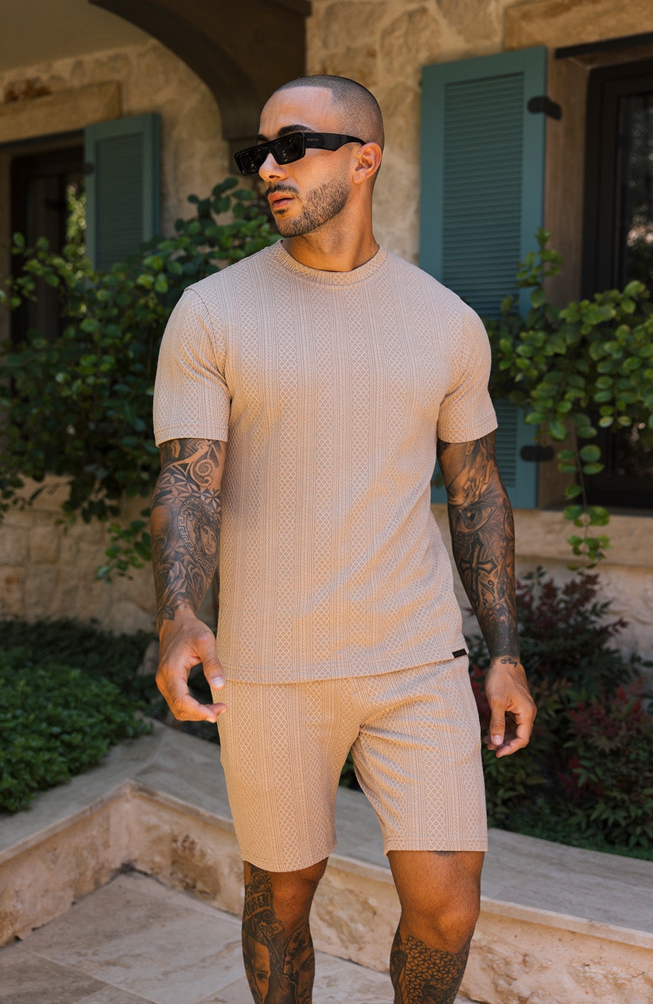 Tanami Textured Stretch Slim Shorts in Beige