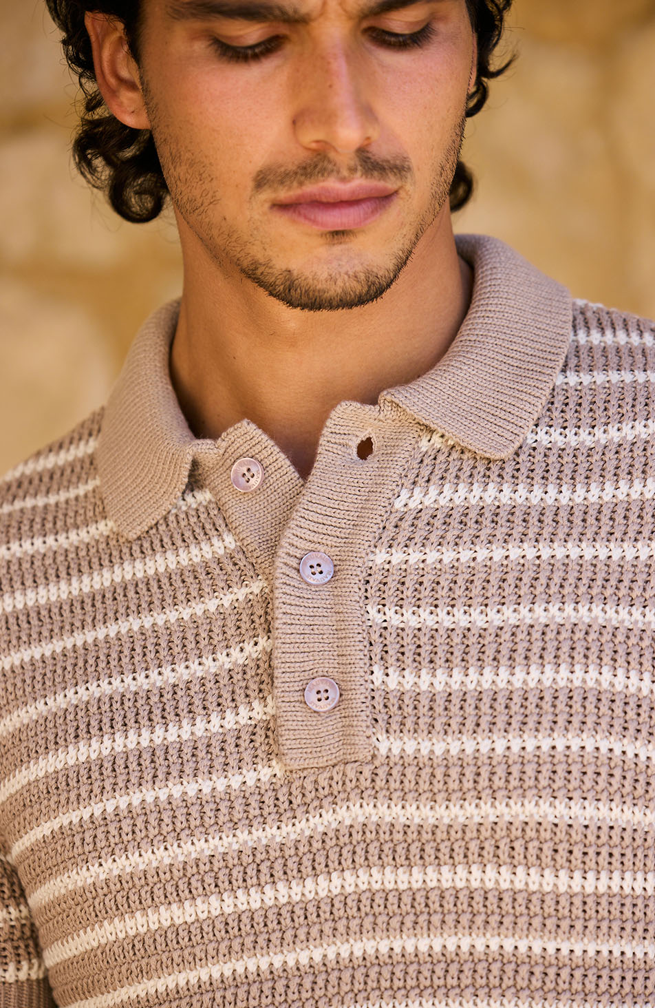 Fontelina Button Placket Knit Stripe Polo in Beige