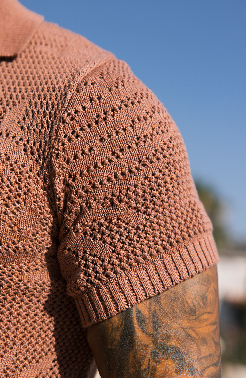 Tropics Relaxed Fit Crochet Knit Polo in Canyon