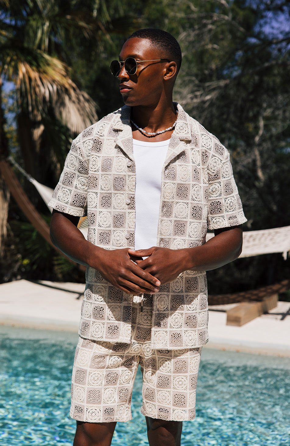 Tulum Checked Crochet Relaxed Fit Lined Shorts in Beige