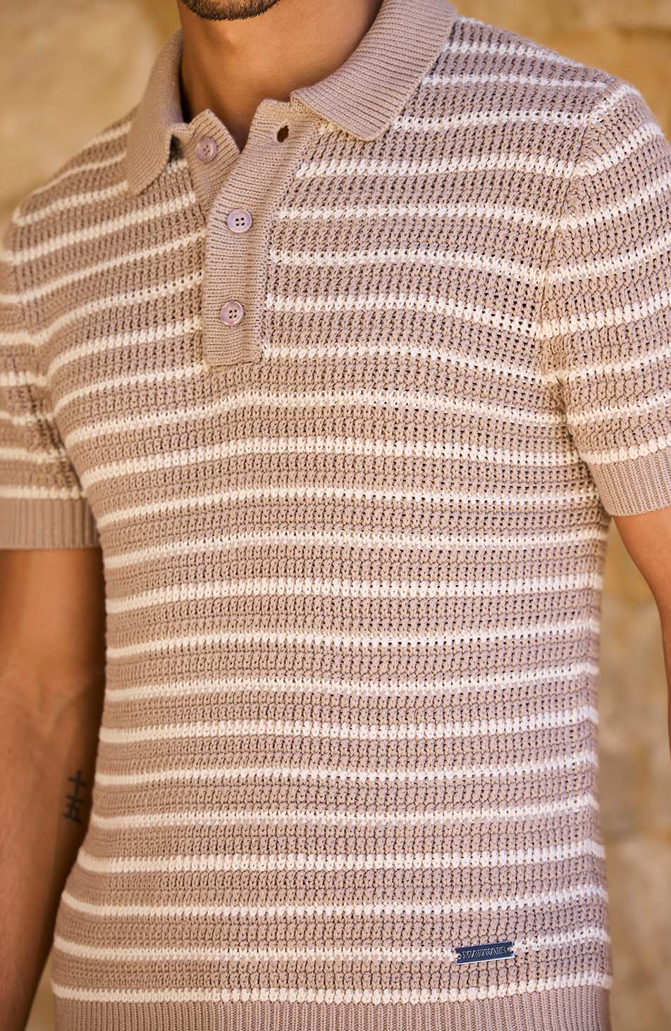 Fontelina Button Placket Knit Stripe Polo in Beige