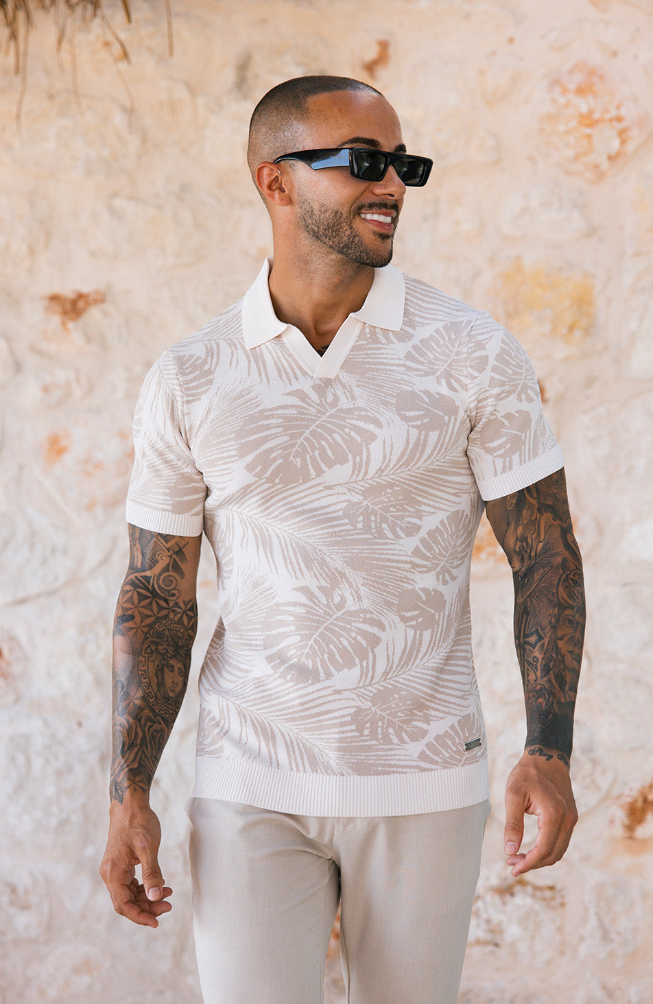 Palmas Jacquard Leaf Knit Polo in Beige