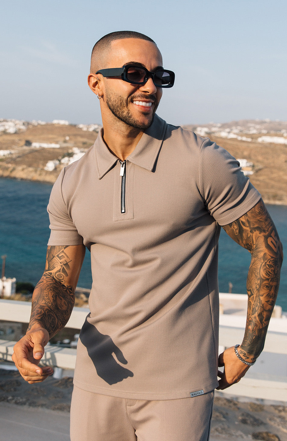 Signature Zip Polo in Monaco Beige