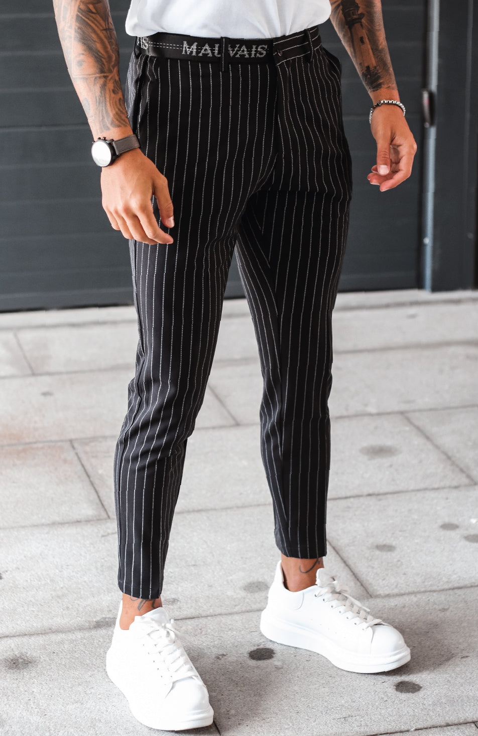 Signature Half Belt Pants in Black Pinstripe