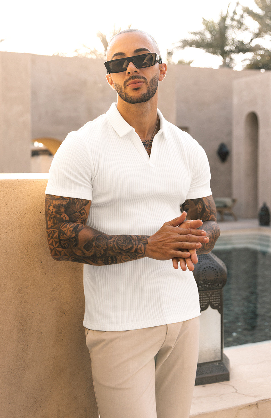 Elysee Slim Ribbed Revere Polo in White