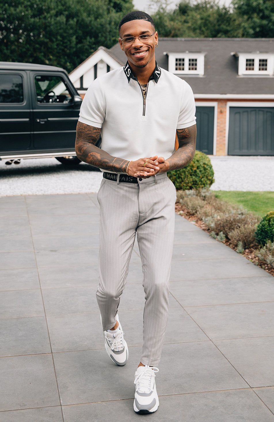 Signature Half Belt Pants in Grey Pinstripe