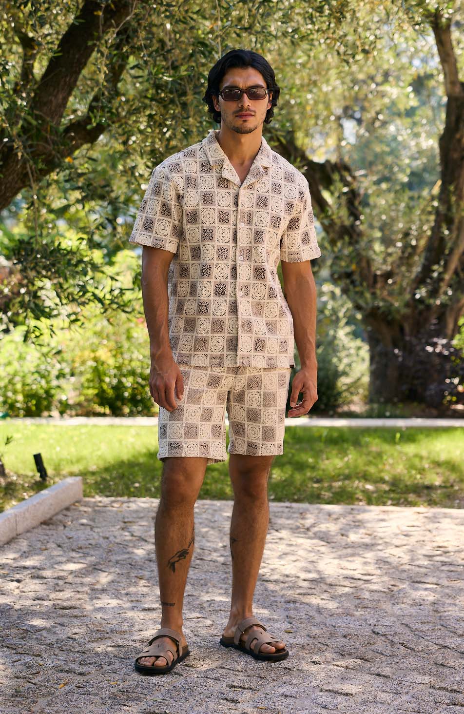 Tulum Relaxed Checked Crochet Shirt in Beige