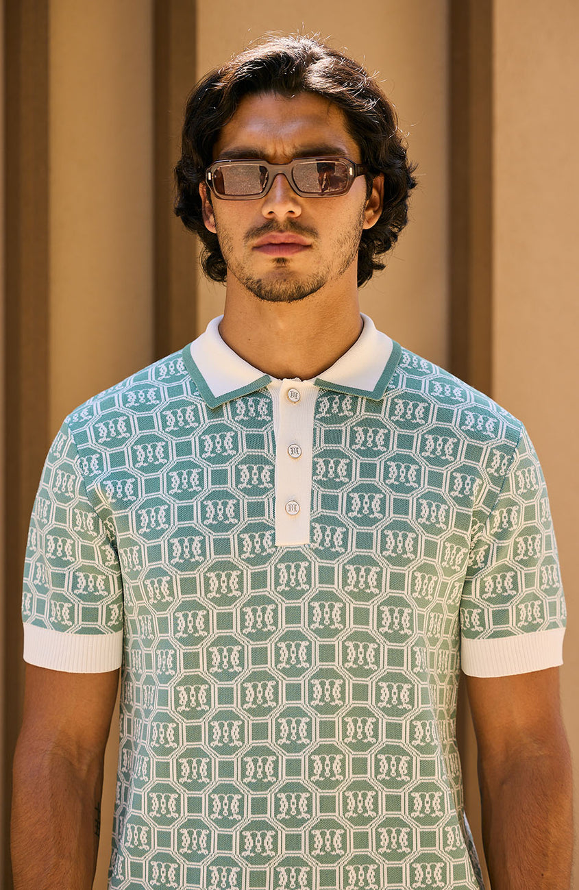 Monogram Jacquard Knit Polo in Sage