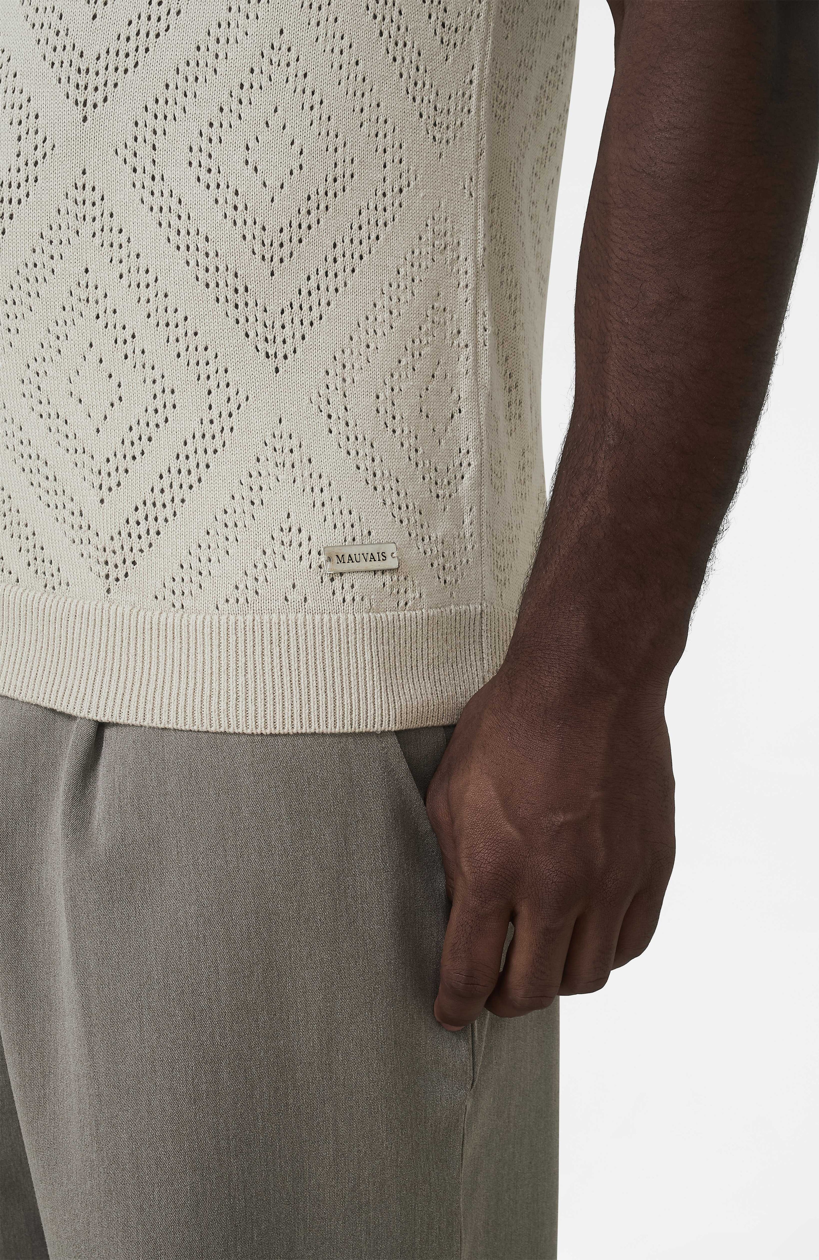 Chalbi Slim Fit Knit Pointelle Zip Polo in Beige