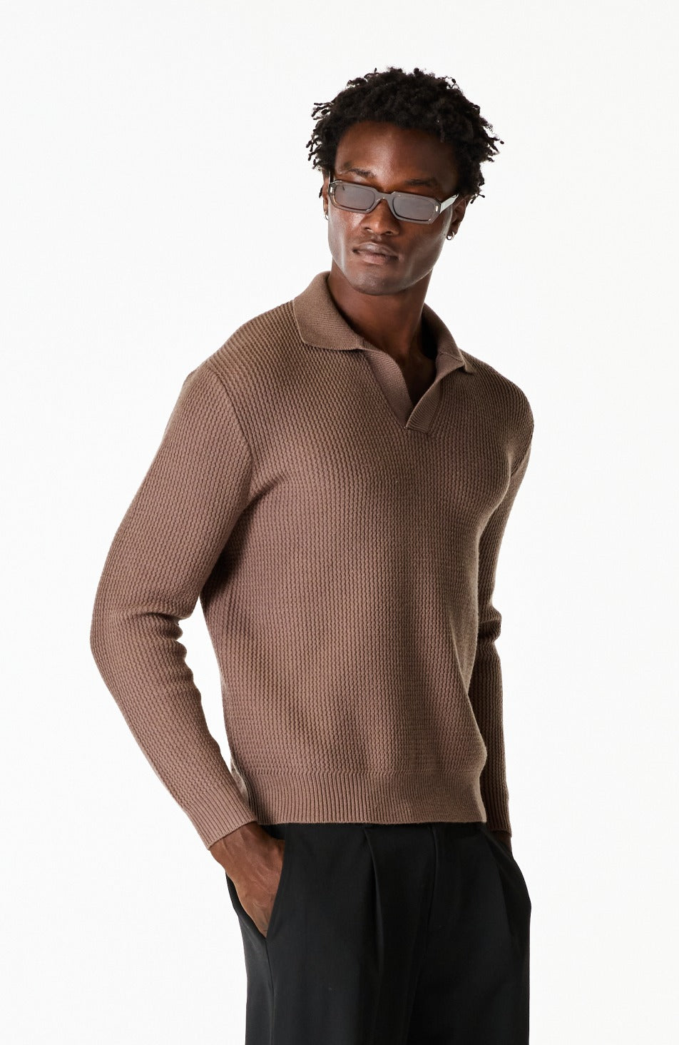 Dolce Relaxed Fit Long Sleeve Revere Jumper in Brown