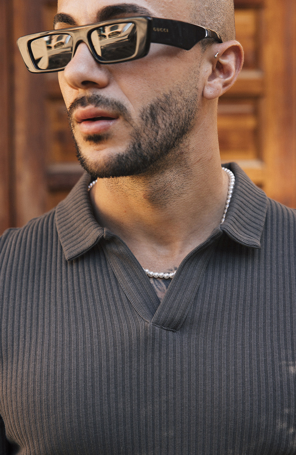 Elysee Slim Ribbed Revere Polo in Dark Khaki