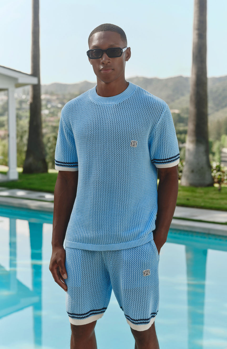 Malibu Cotton Short Sleeve Crochet T-shirt in Blue