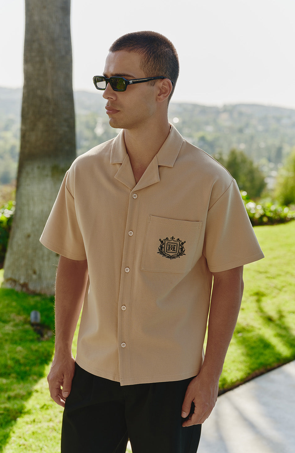 Hills Crest Embroidered Short Sleeve Shirt in Taupe
