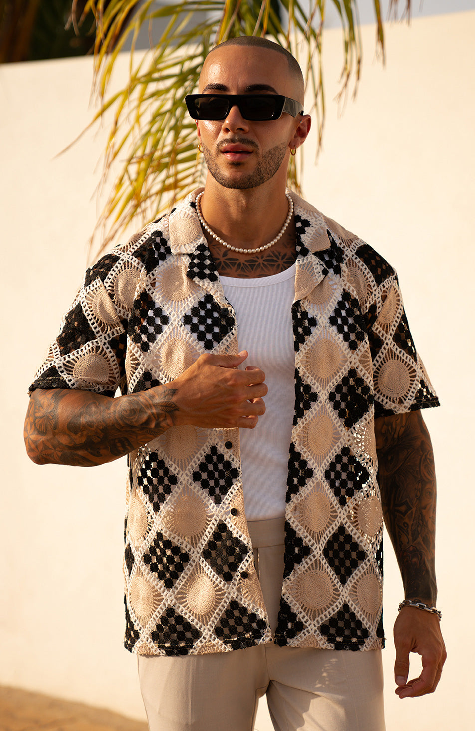 Paraiso Square Crochet Style Shirt in Taupe and Black