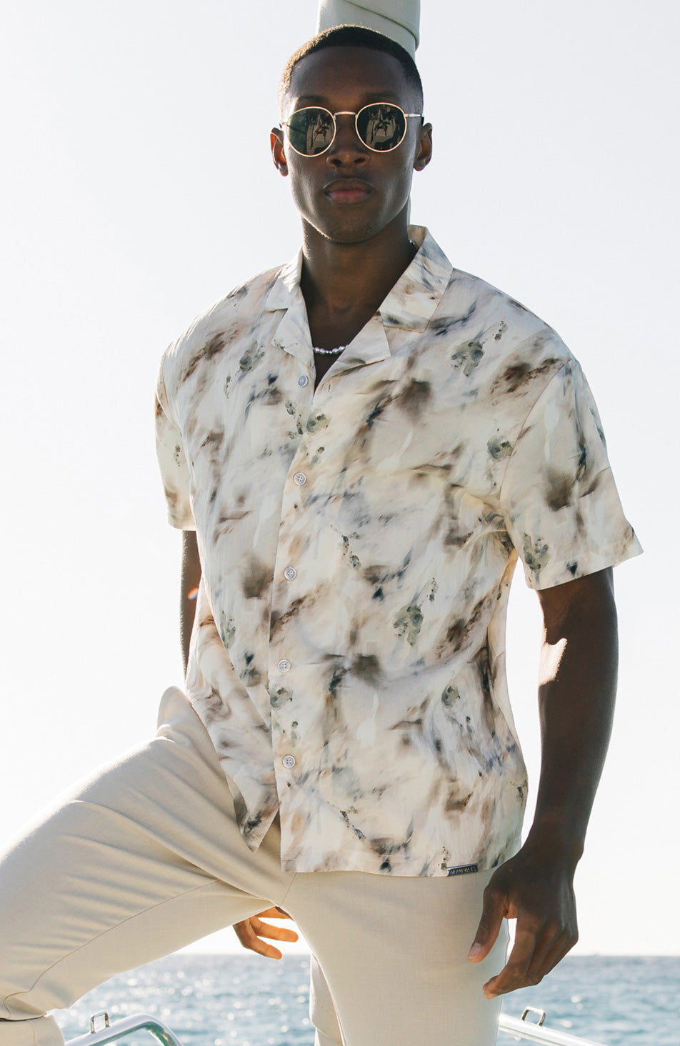 Phoenix Relaxed Fit Watercolour Crinkle Shirt in Ivory