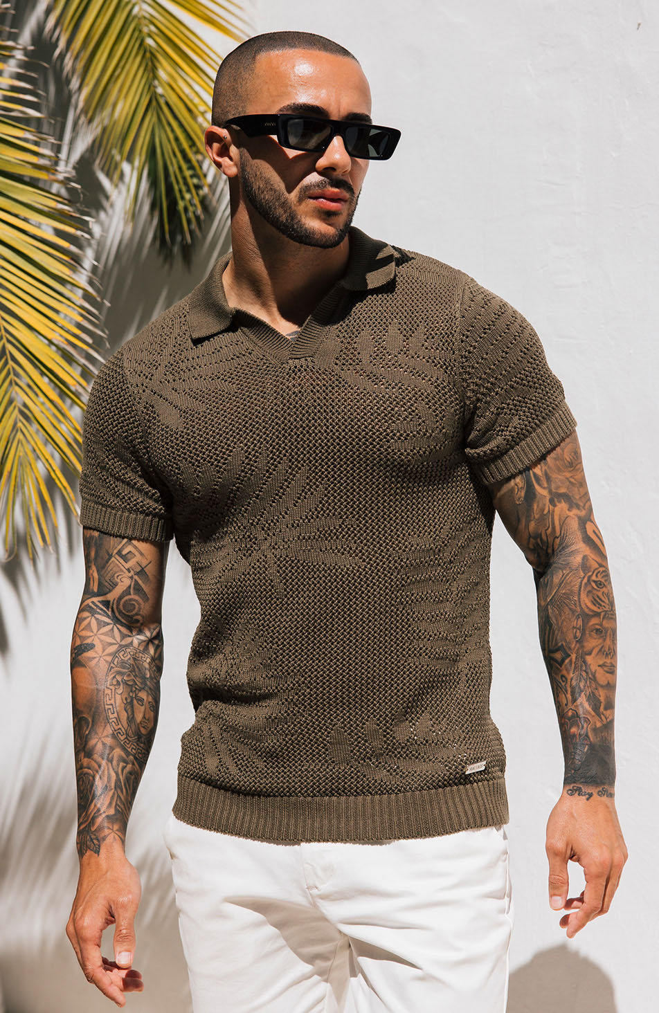 Tropics Relaxed Fit Crochet Knit Polo in Green