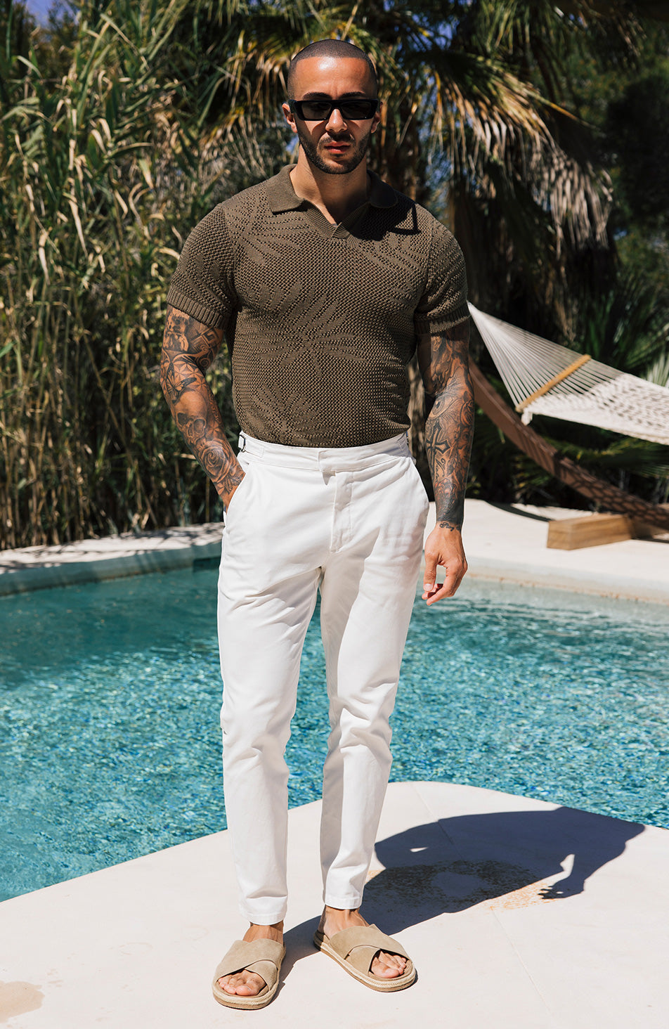 Tropics Relaxed Fit Crochet Knit Polo in Green