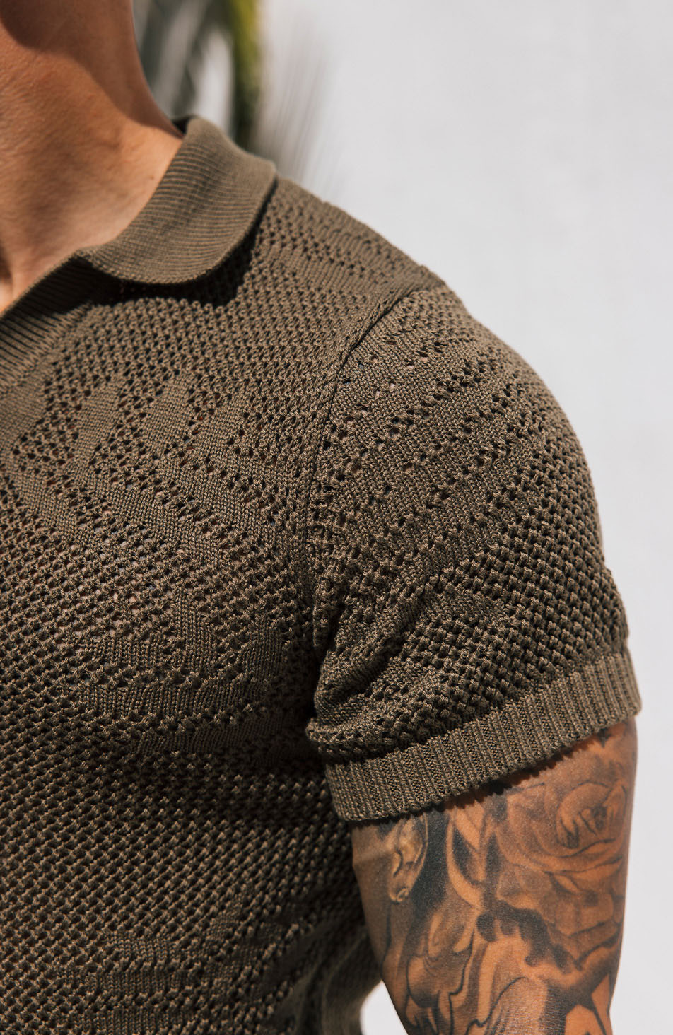 Tropics Relaxed Fit Crochet Knit Polo in Green