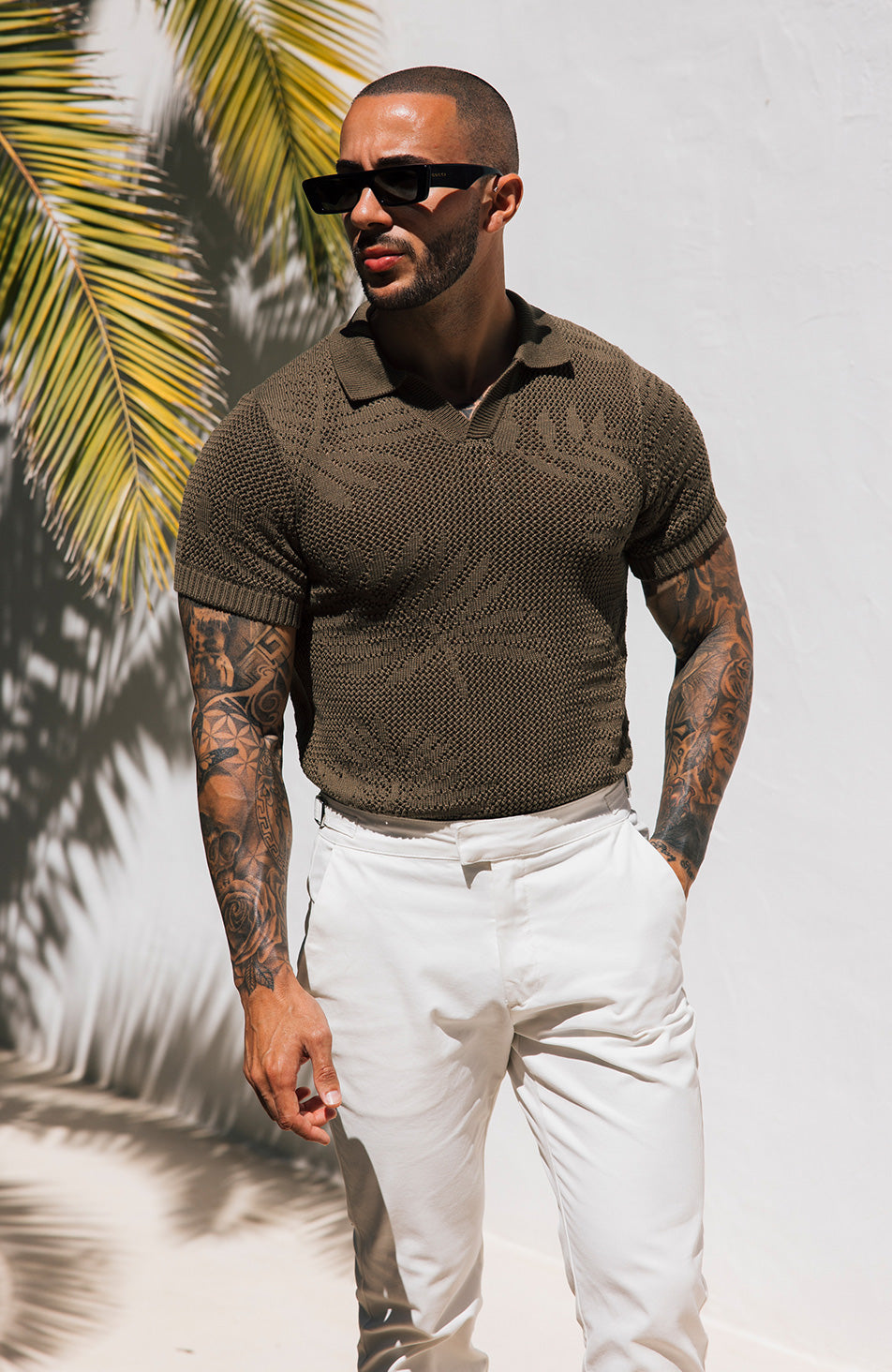 Tropics Relaxed Fit Crochet Knit Polo in Green