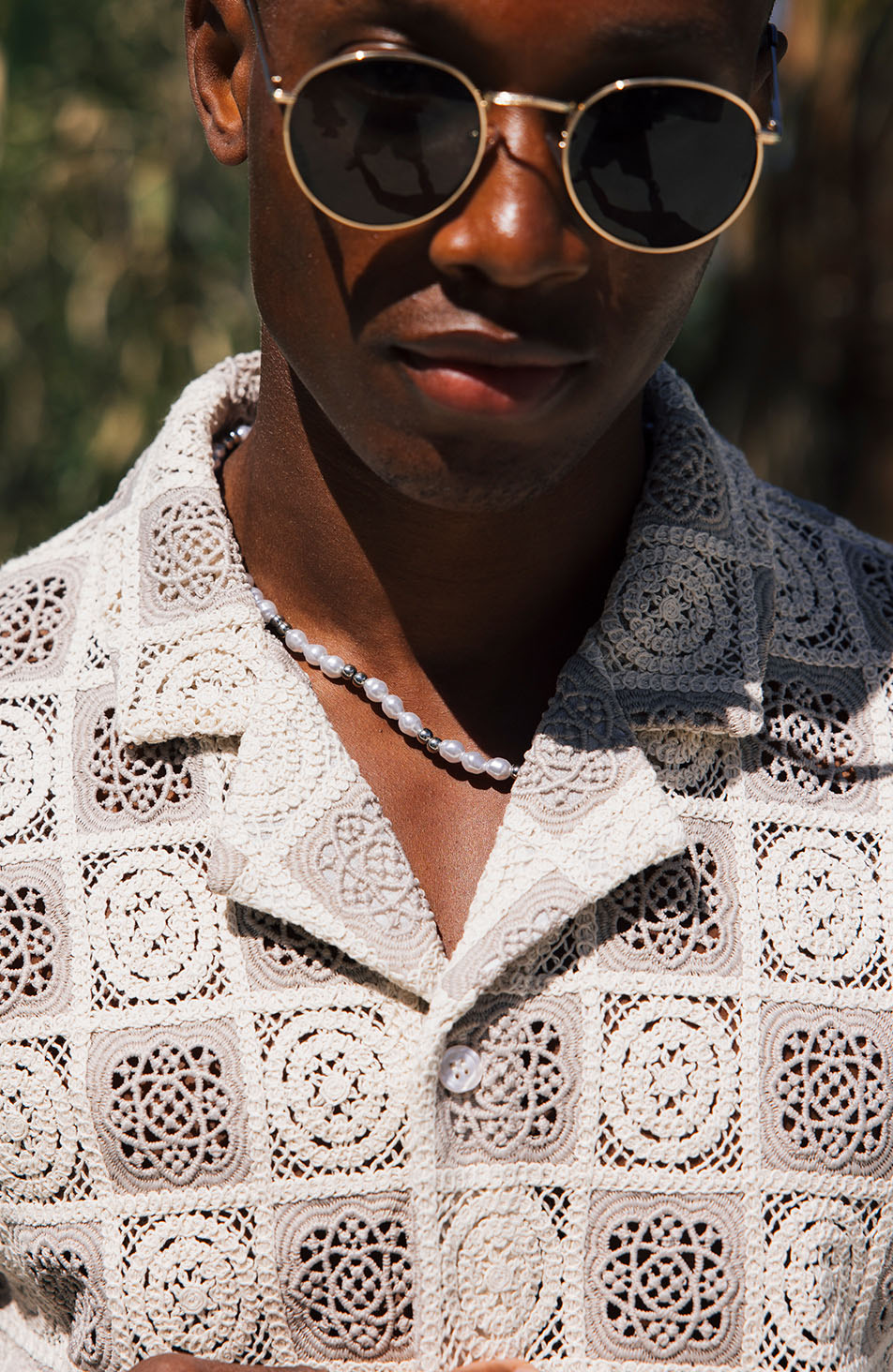 Tulum Relaxed Checked Crochet Shirt in Beige