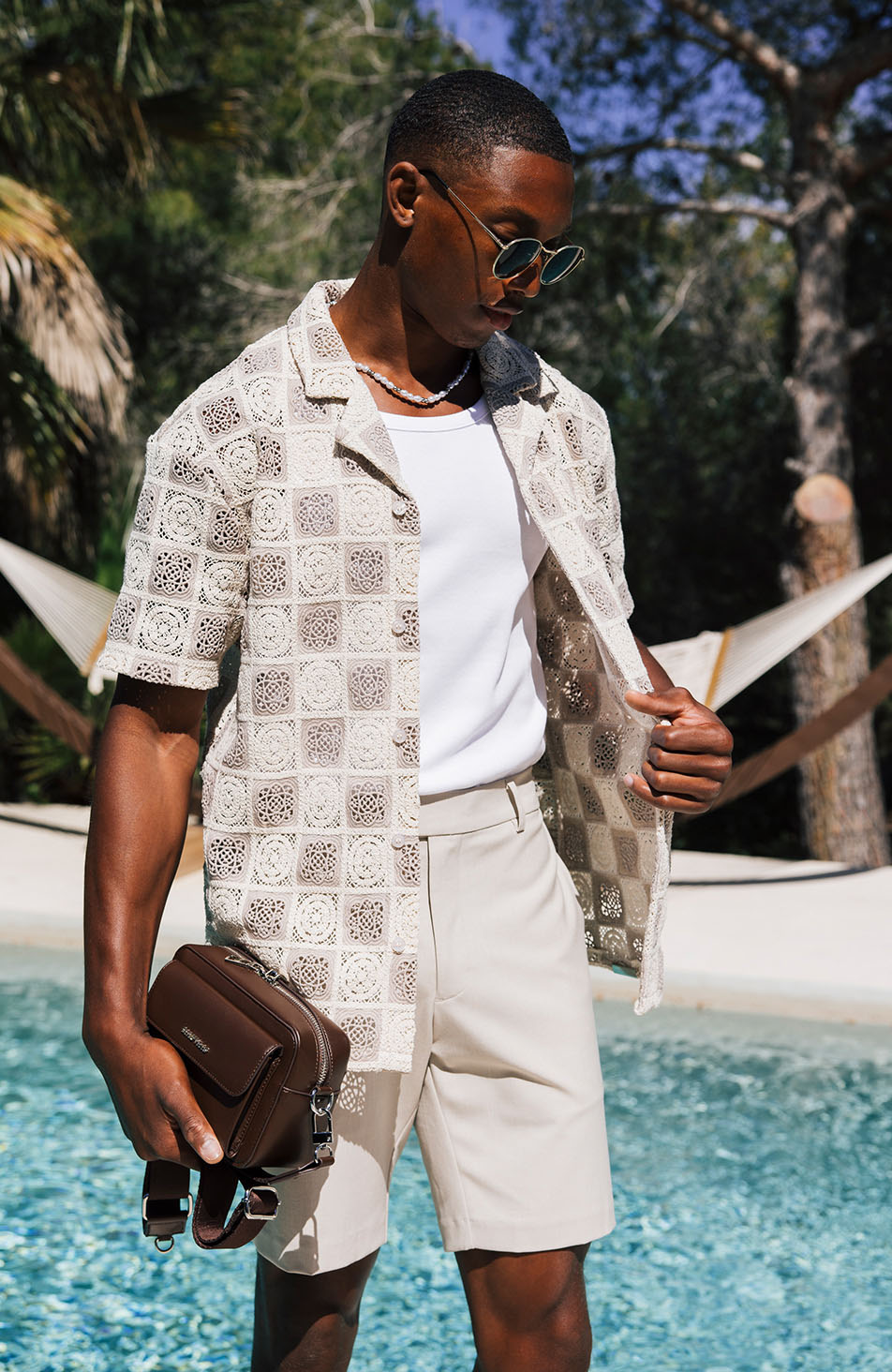 Tulum Relaxed Checked Crochet Shirt in Beige