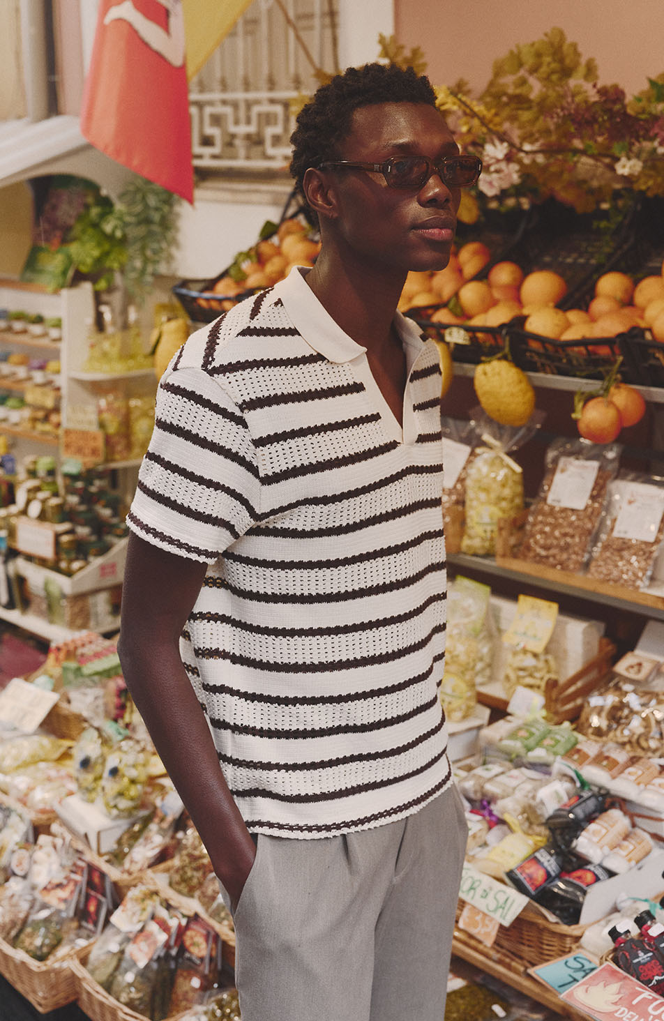 Romano Boxy Stripe Polo in Beige and Brown