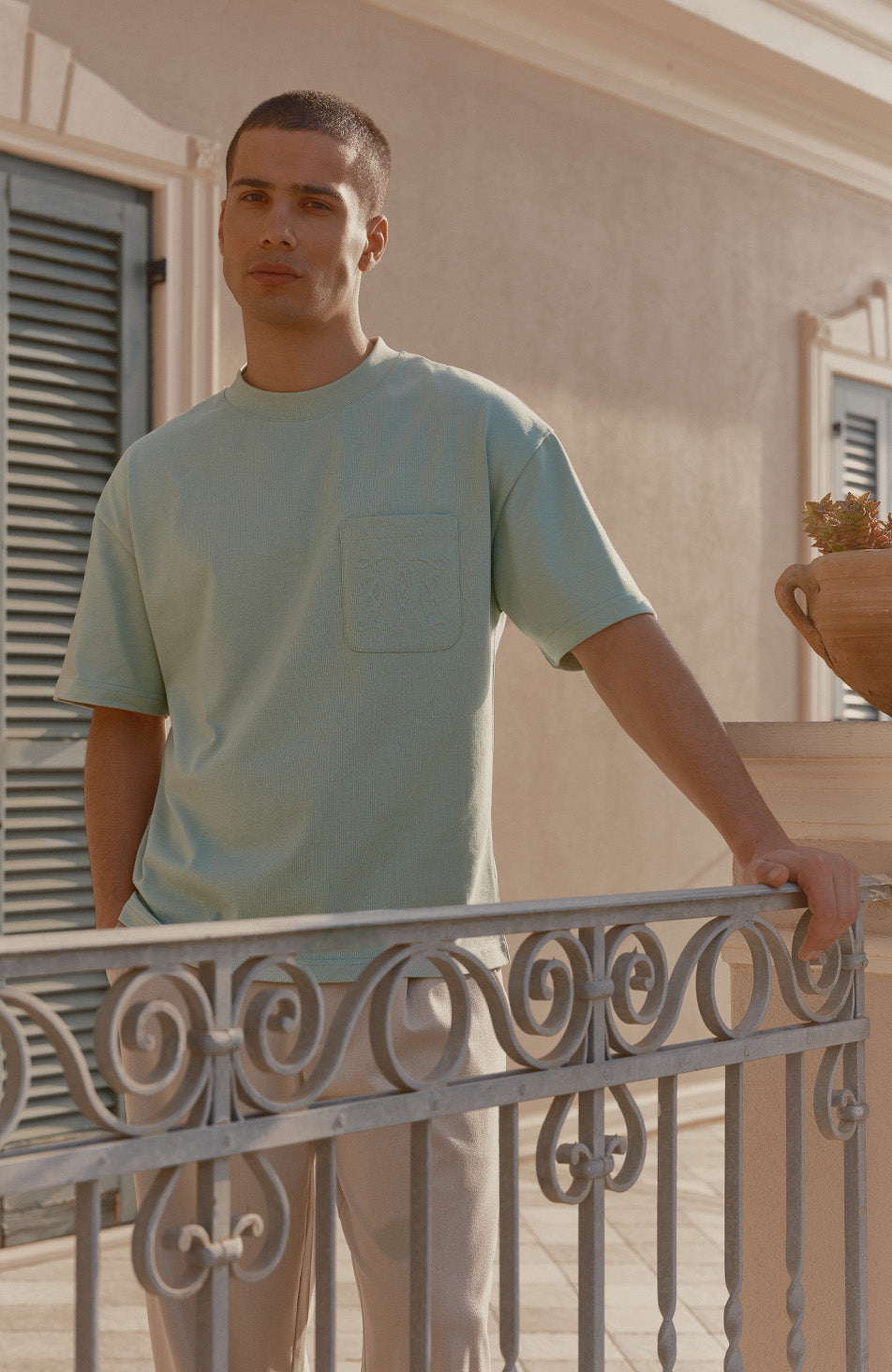 Embossed Monogram Pocket T-Shirt in Sage