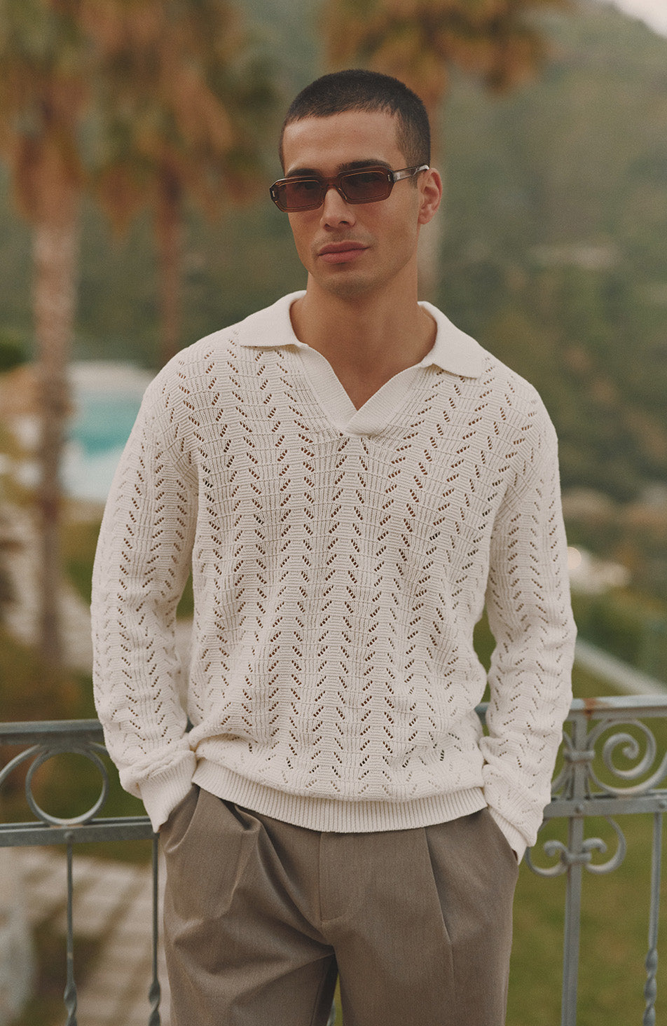 Capri Long Sleeve Pointelle Polo in Cream
