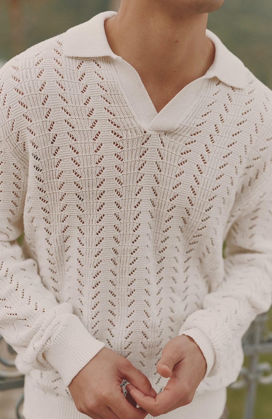 Capri Long Sleeve Pointelle Polo in Cream