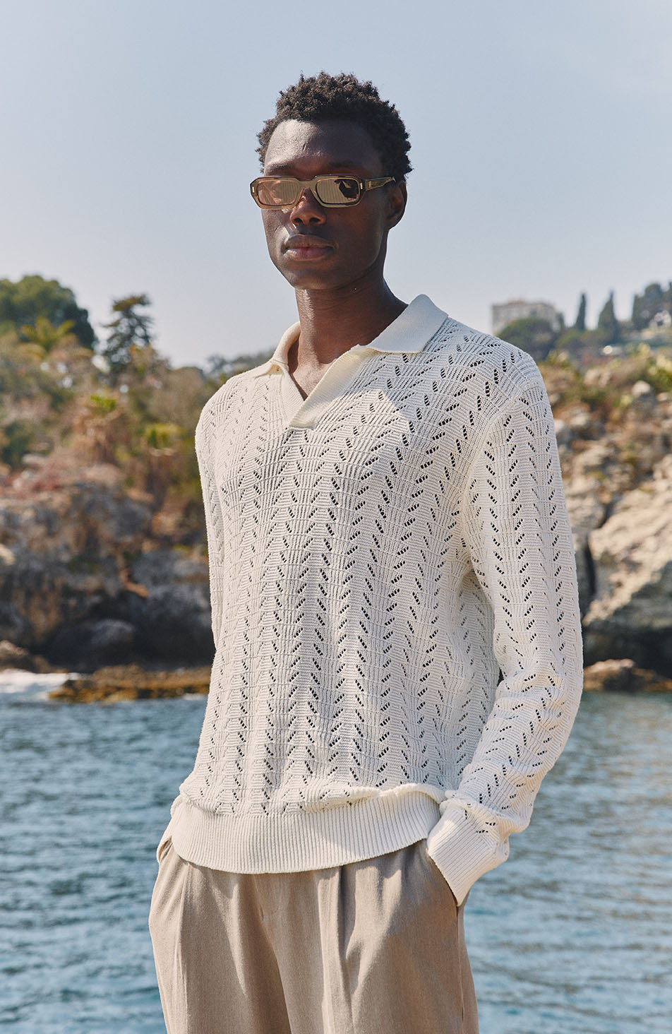 Capri Long Sleeve Pointelle Polo in Cream