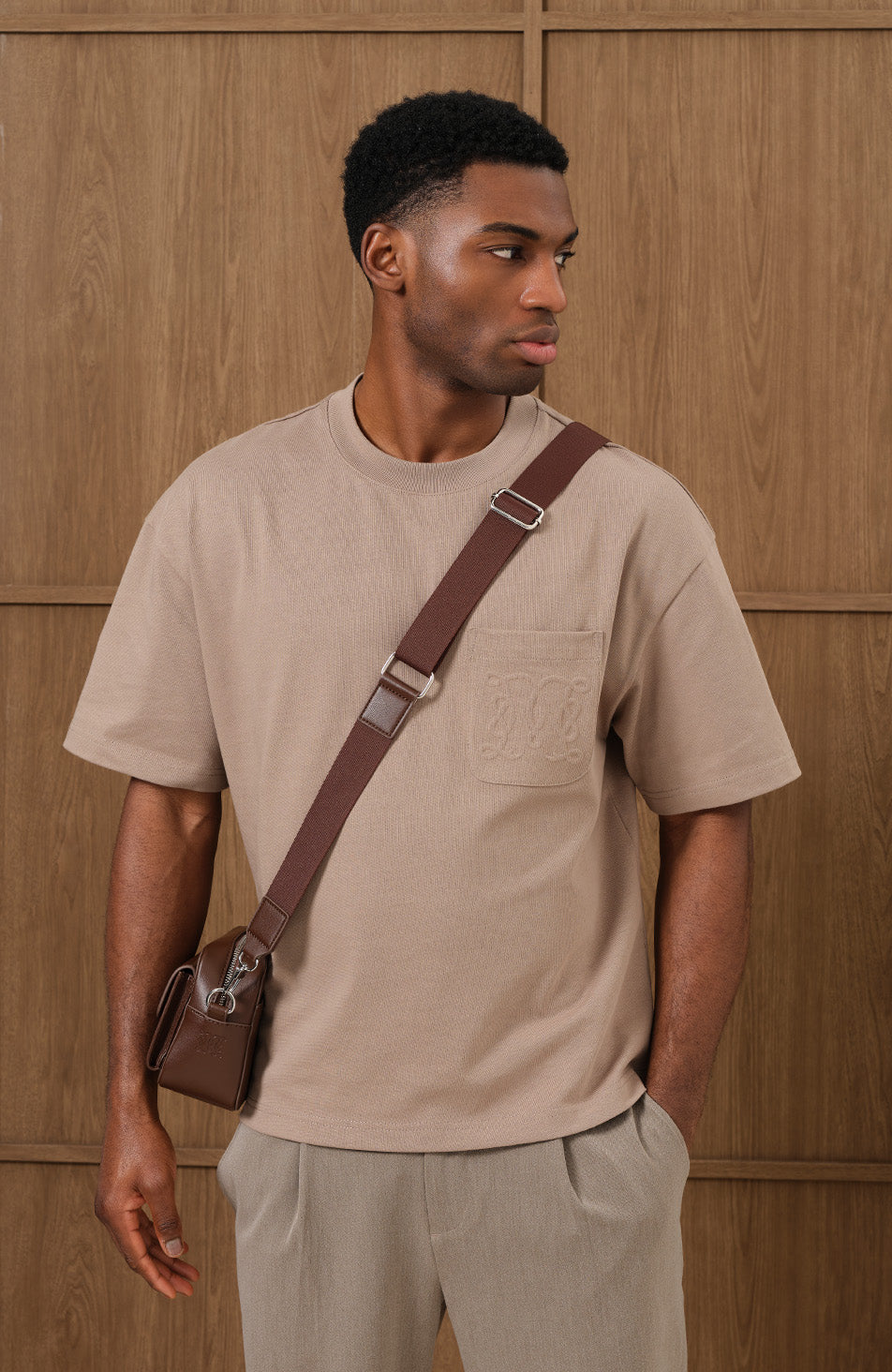Embossed Monogram Pocket T-Shirt in Taupe