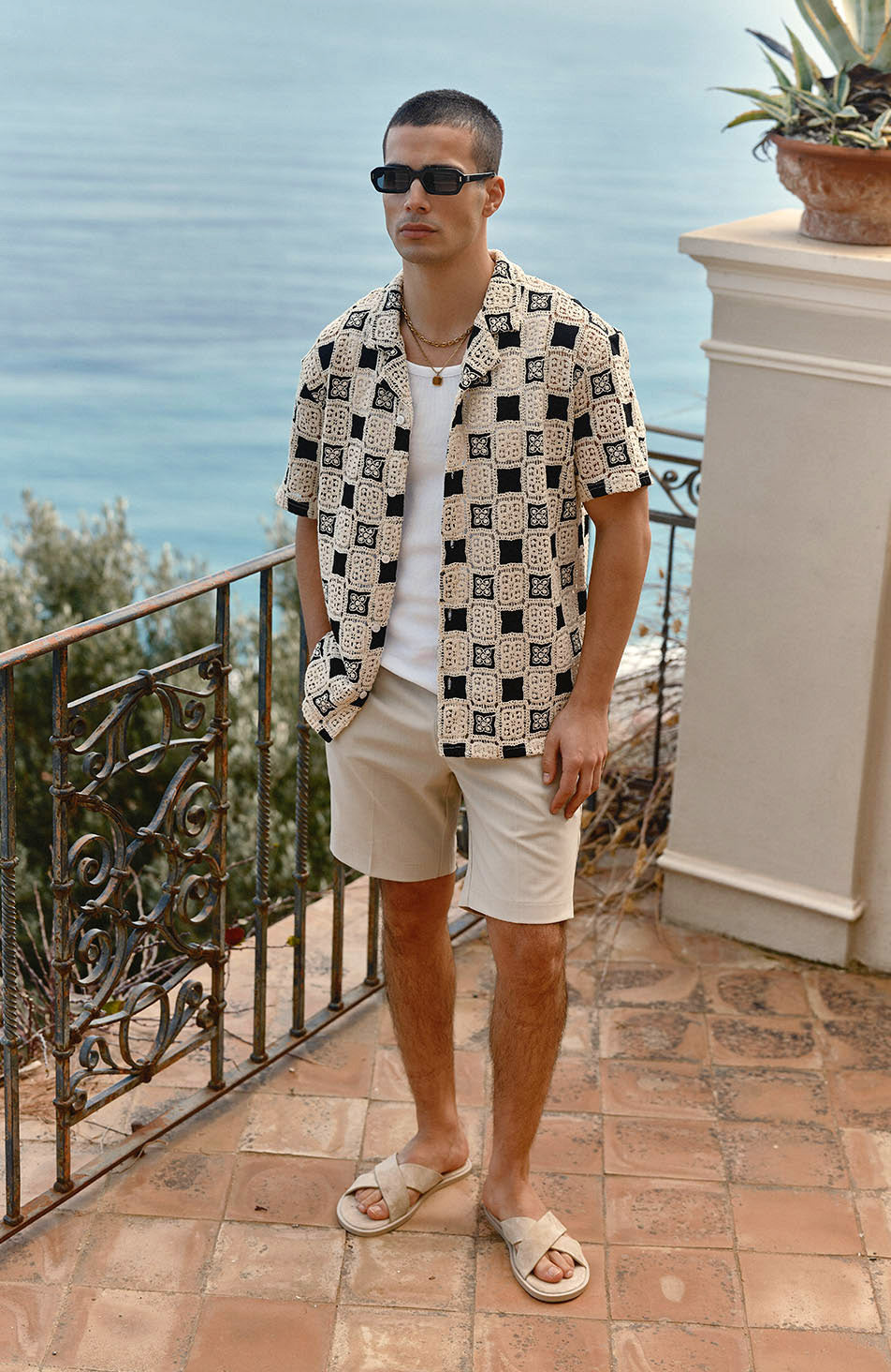 Bellagio Relaxed Checked Crochet Shirt in Black