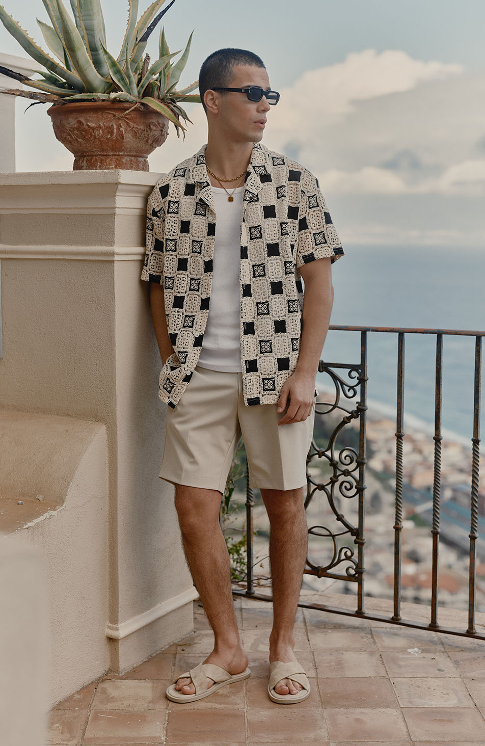 Bellagio Relaxed Checked Crochet Shirt in Black