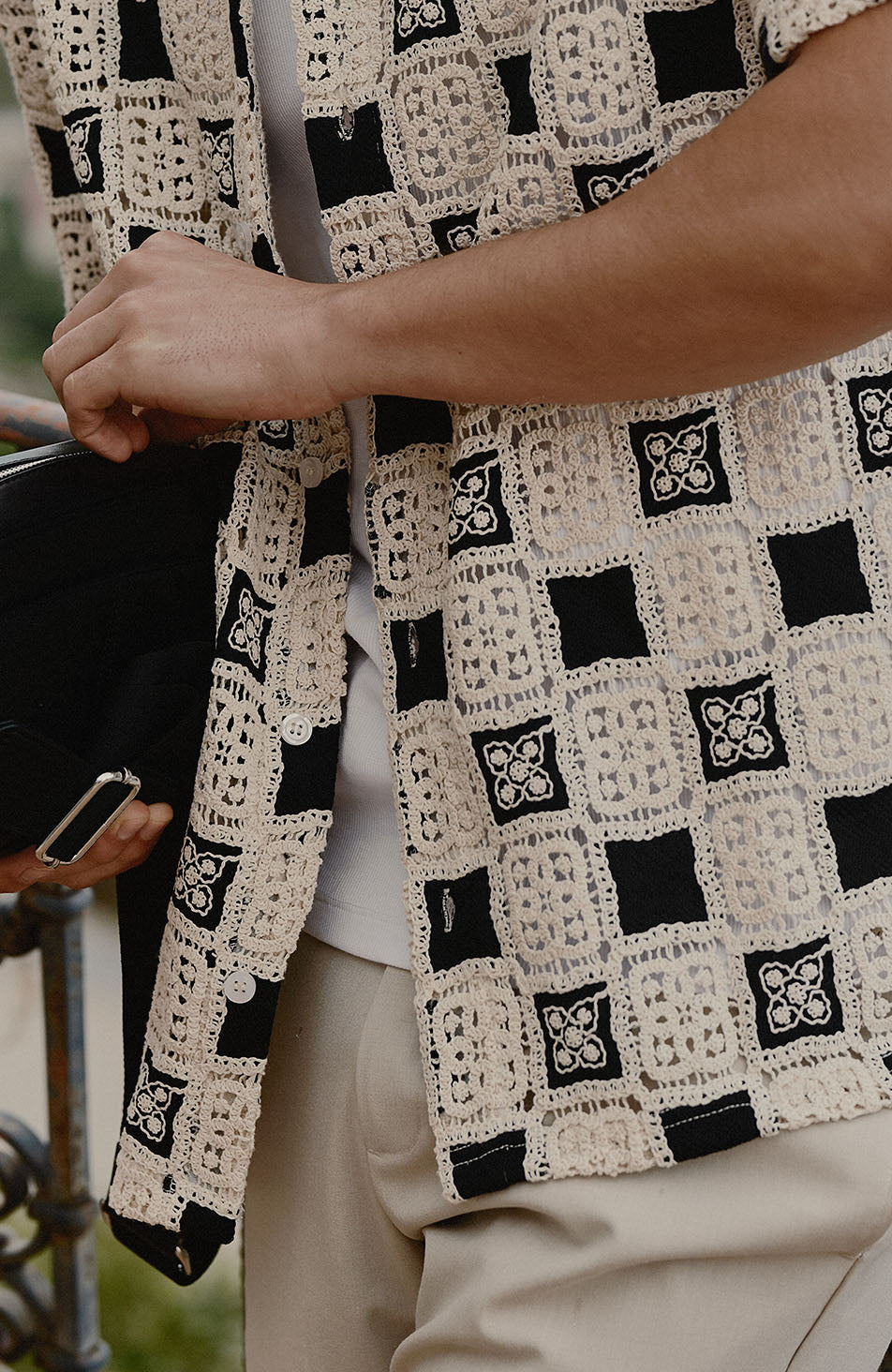 Bellagio Relaxed Checked Crochet Shirt in Black