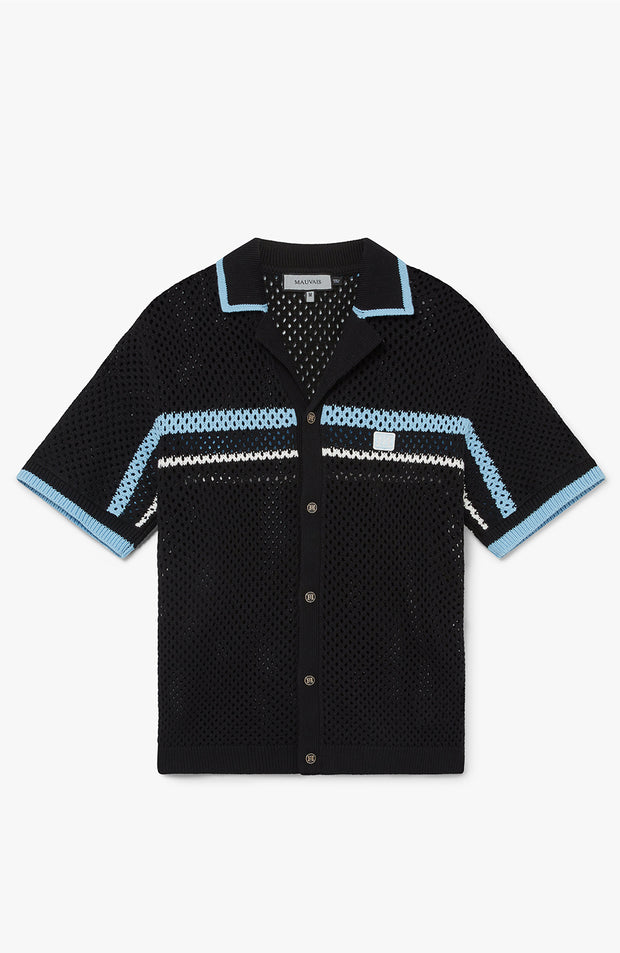 Malibu Cotton Short Sleeve Crochet Shirt in Black