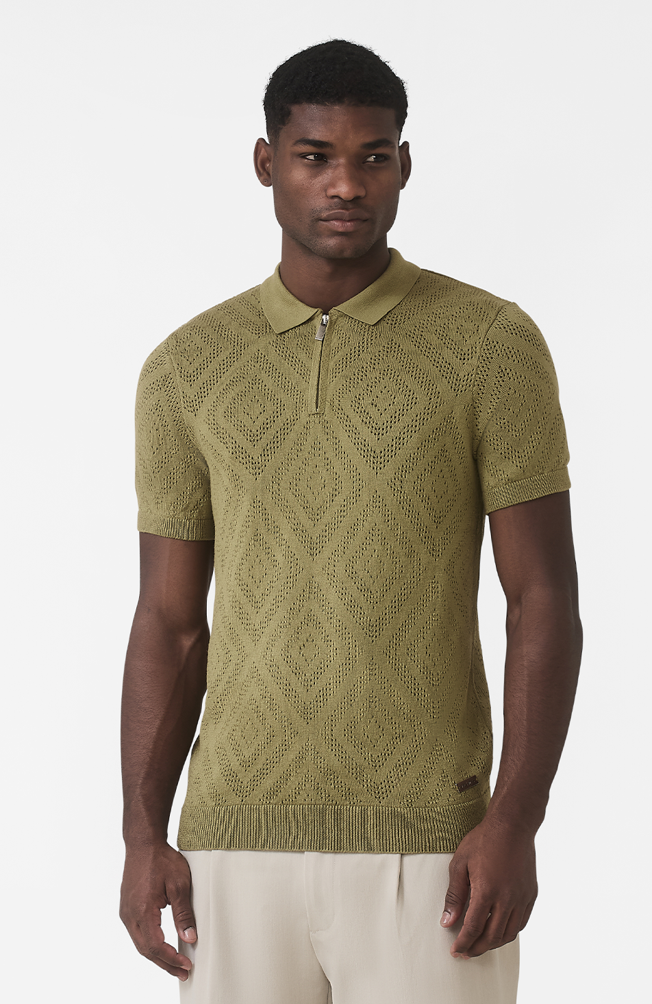 Chalbi Slim Fit Knit Pointelle Zip Polo in Green
