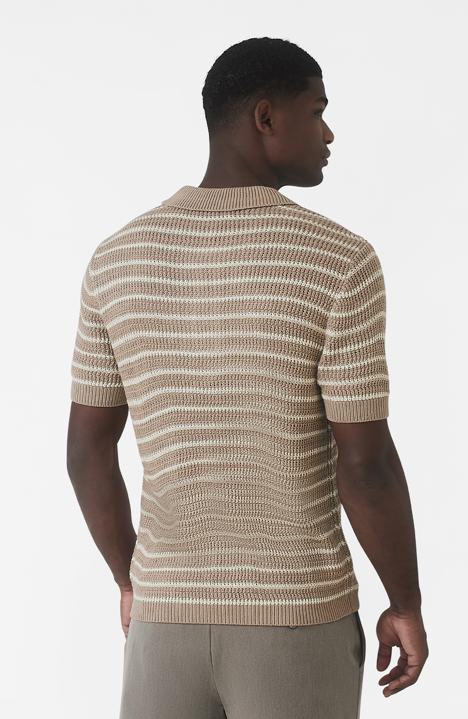 Fontelina Button Placket Knit Stripe Polo in Beige