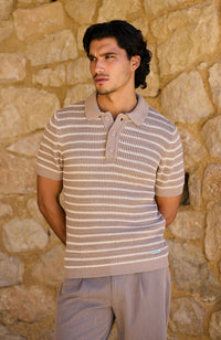 Fontelina Button Placket Knit Stripe Polo in Beige