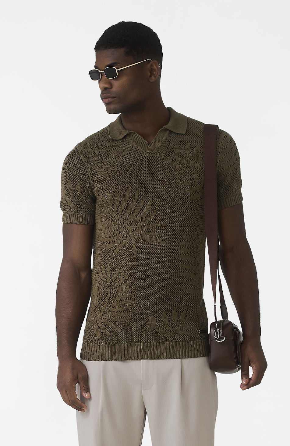 Tropics Relaxed Fit Crochet Knit Polo in Green