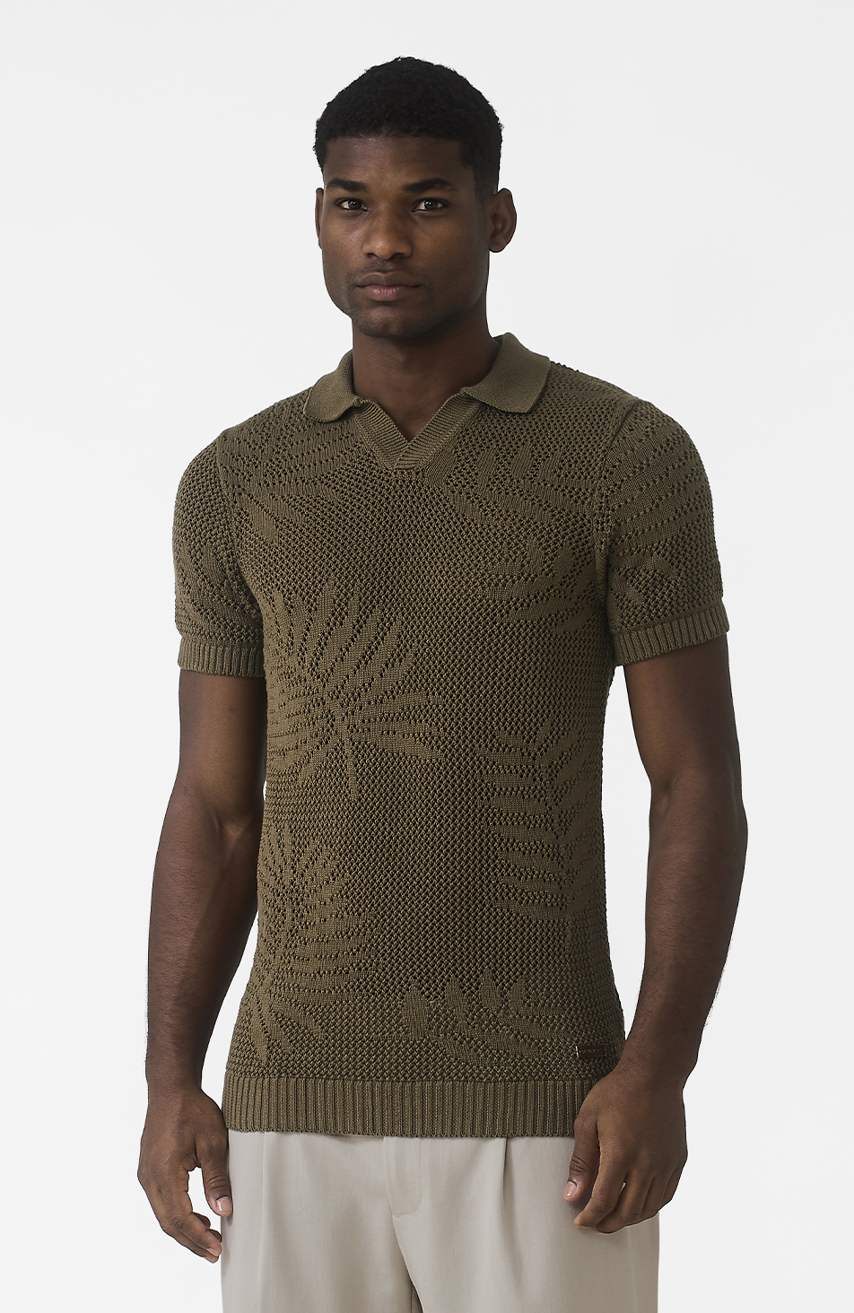 Tropics Relaxed Fit Crochet Knit Polo in Green