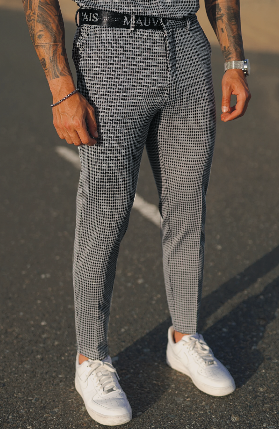 Check Pants with Half Belt in Grey