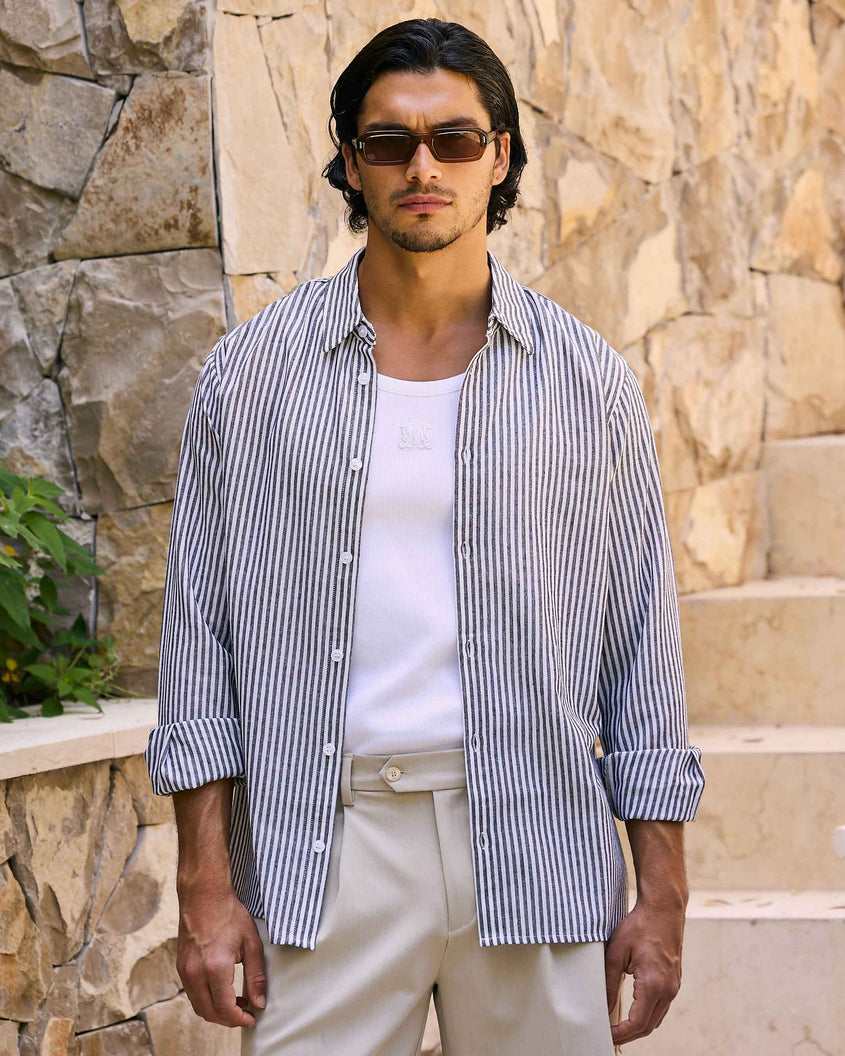 Balencio Embroidered Stripe Shirt in Charcoal and White