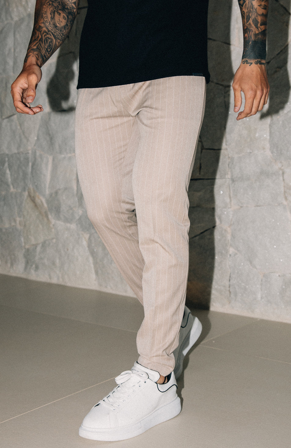 Pinstripe Pants with Half Belt in Taupe