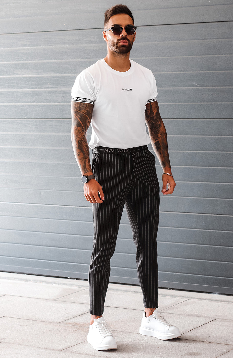 Black white pinstripe pants online