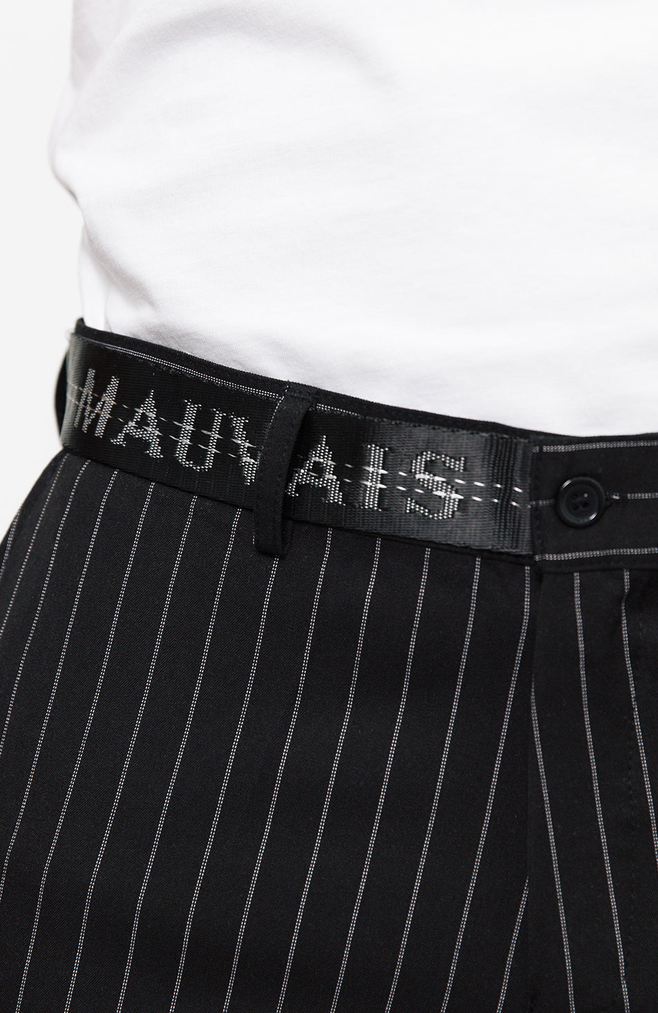 Pinstripe Pants with Half Belt in Black